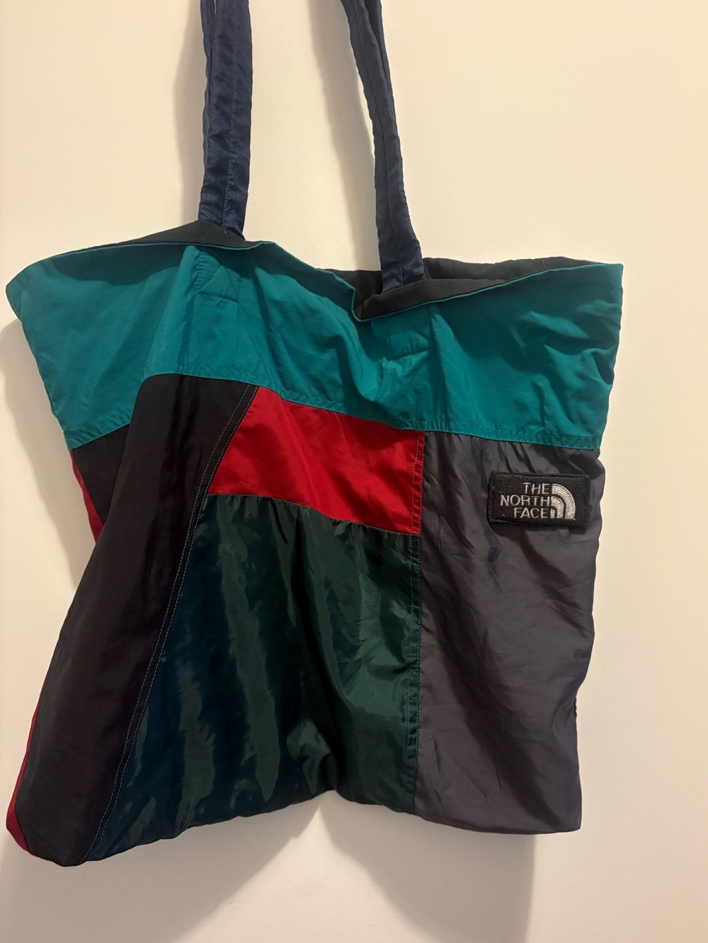 Upcycled The North Face Colorblock Tote Bag in Teal, Red, Dark Green, Gray